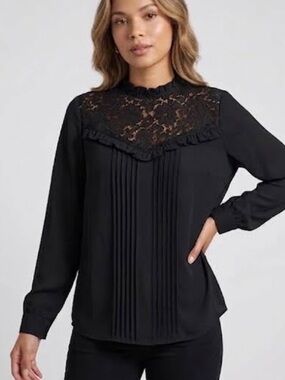 🍻🍕🪻Guest editor mock neck blouse Ruffle lace Long sleeve black loose flowy